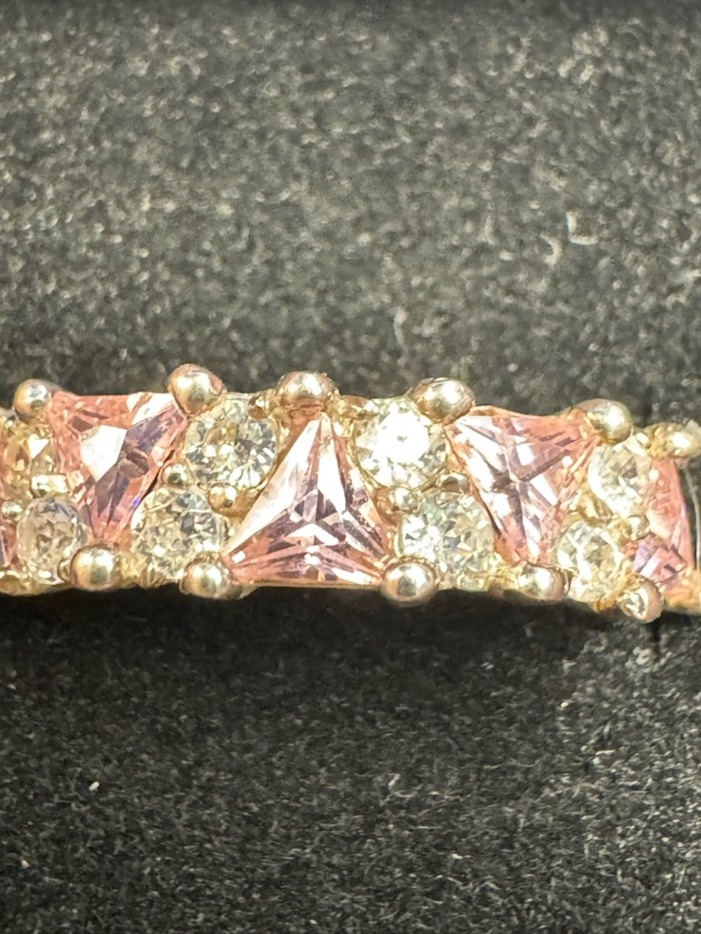 Gold Band Ring with Pink Triangle Stones and Clear Accents